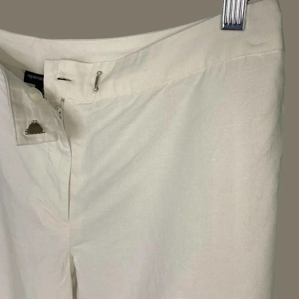 Spenser Jeremy Linen Blend Cropped Pants Women Size 12 White Shell Embellished